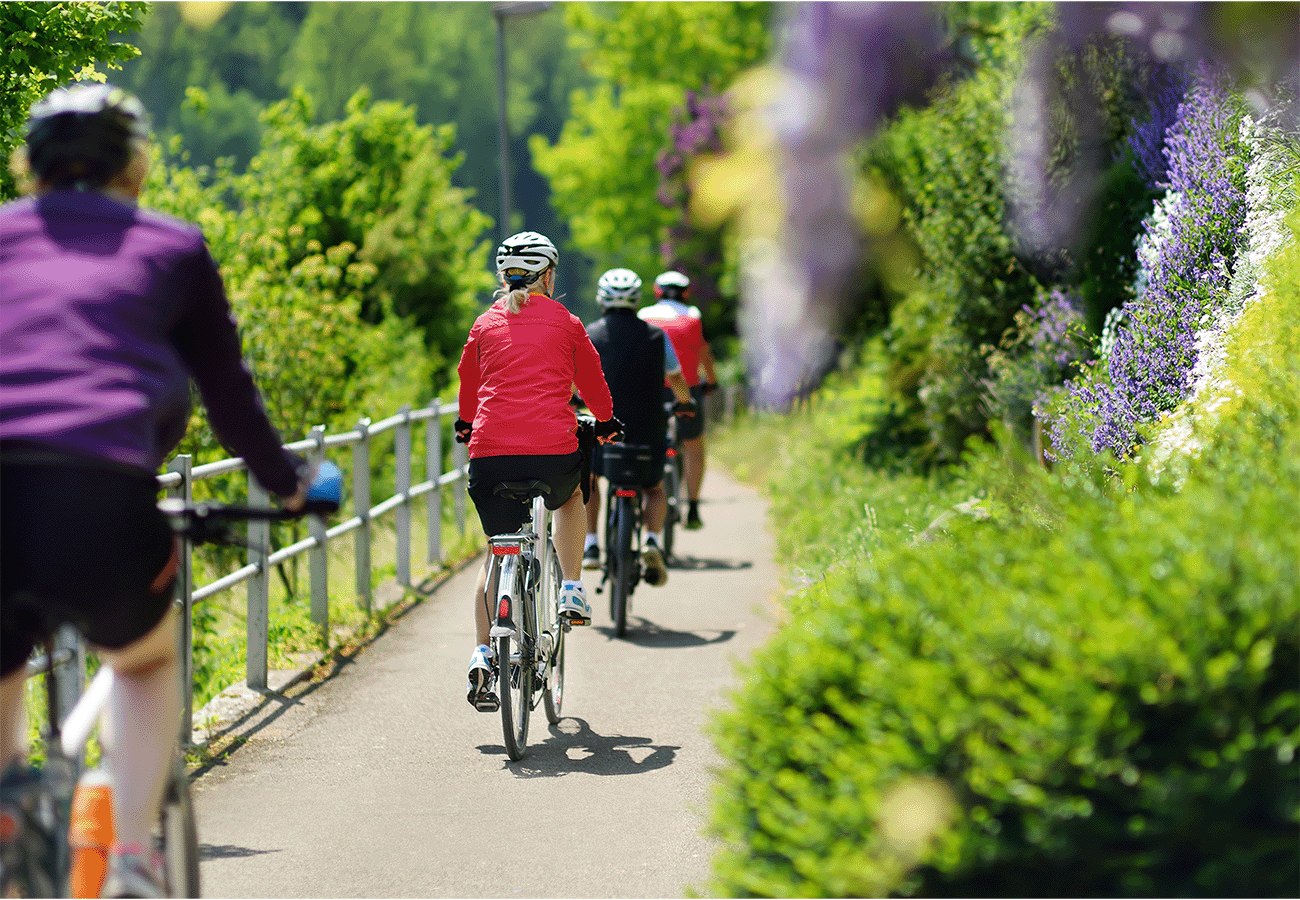 Radfahrer fahren eine malerische Strecek entlang.